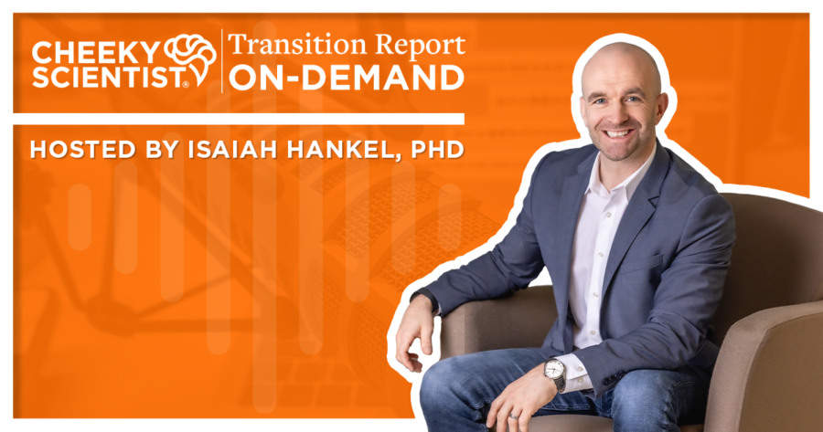 Image of Isaiah Hankel, PhD, sitting in armchair with an orange background